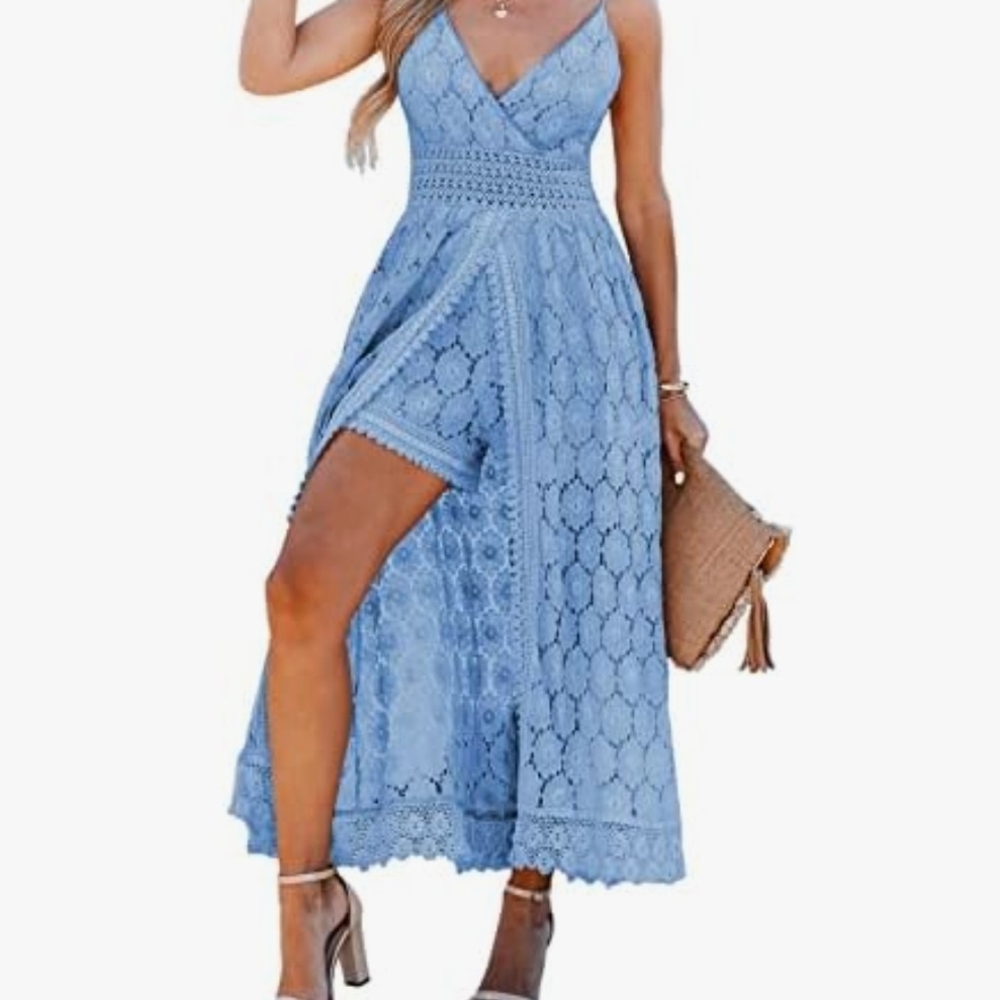 Cupshe Sky Blue Lace High-Low Wrap Maxi Dress